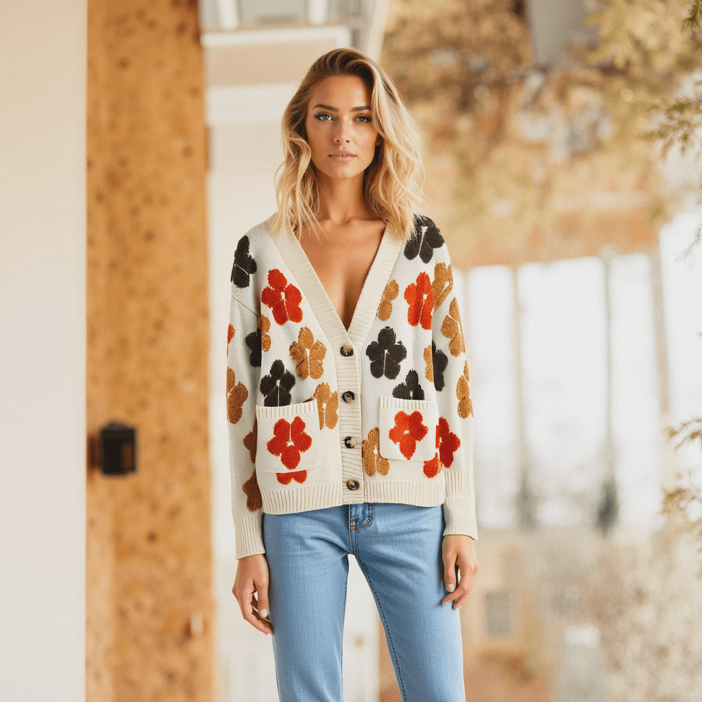 strickjacke, blumen strickjacke, v-ausschnitt strickjacke, langärmlige strickjacke
