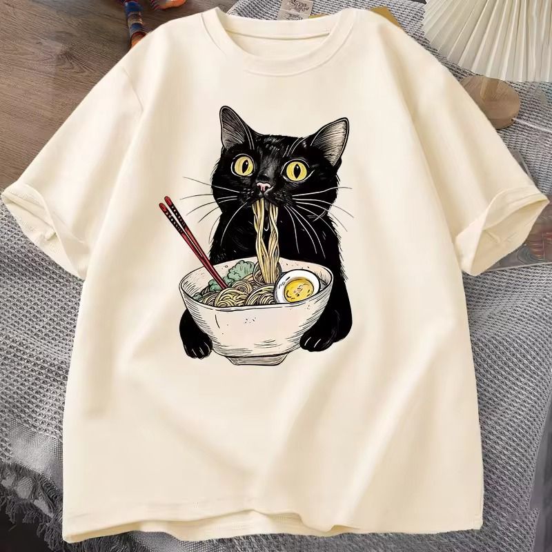 Beige_Ramen Cat Print T-Shirt