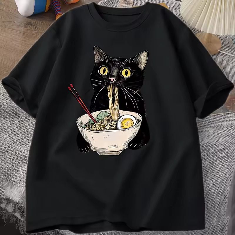 Black_main_Ramen Cat Print T-Shirt
