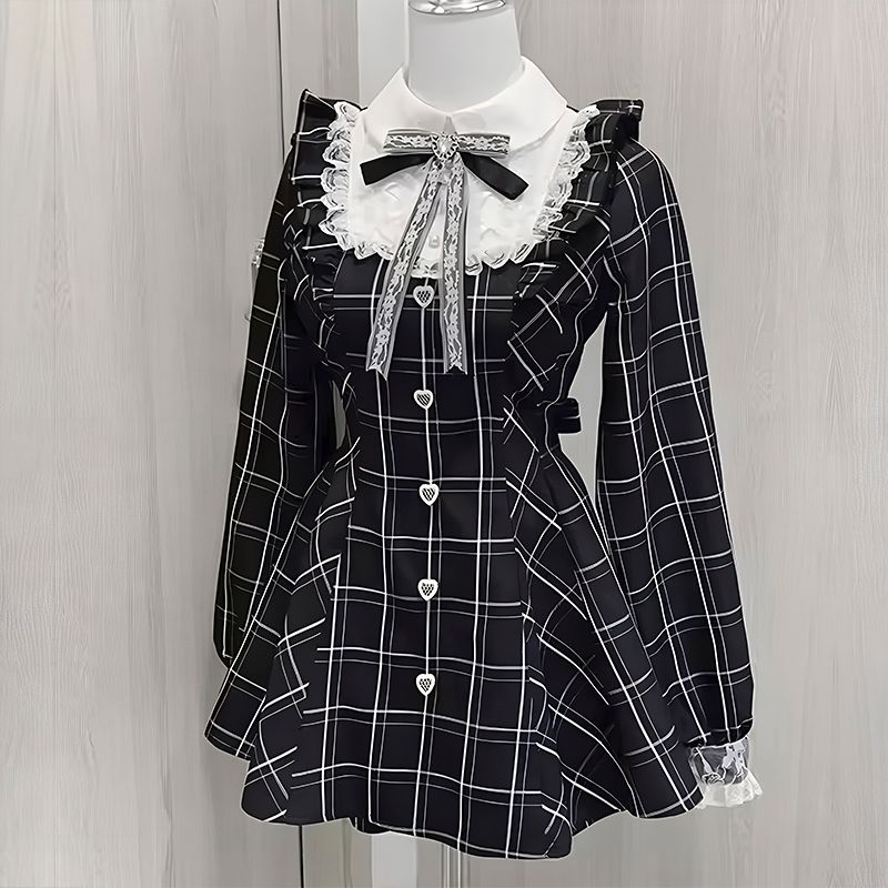 Long-Sleeve Kawaii Black Plaid Dress variation