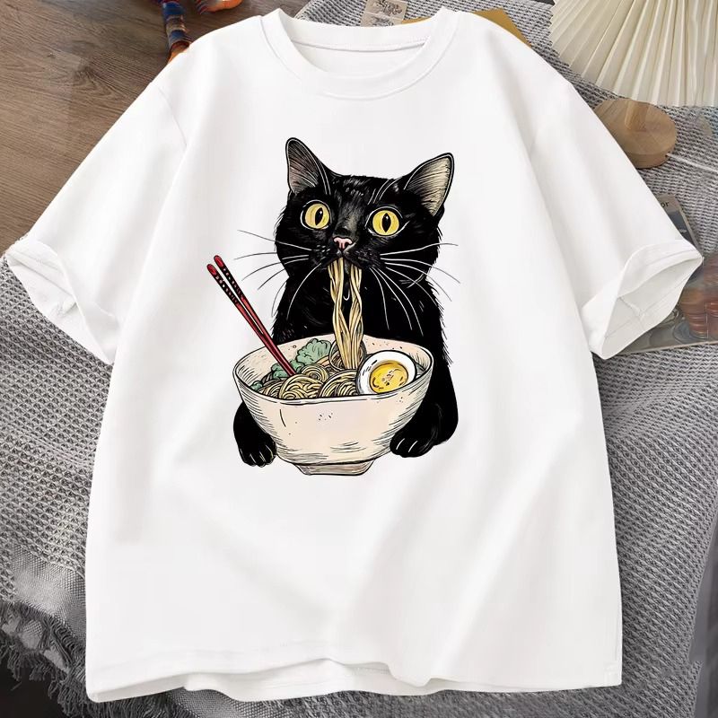 White_Ramen Cat Print T-Shirt