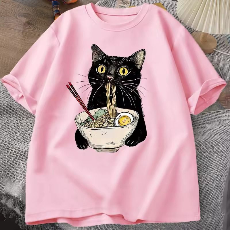Pink_Ramen Cat Print T-Shirt