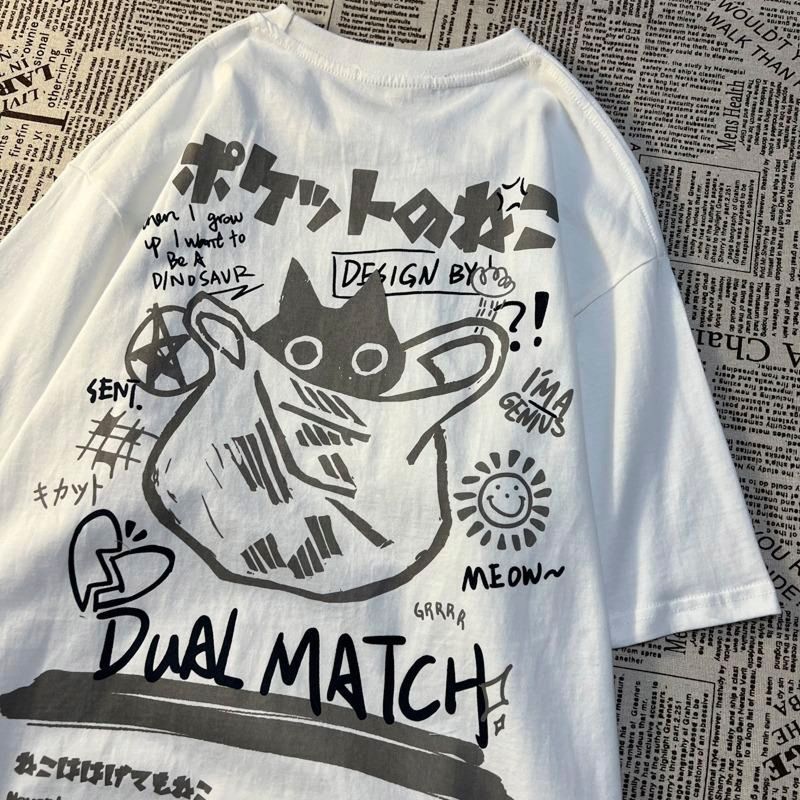 back_white_Retro Cat Print Oversized T-Shirt